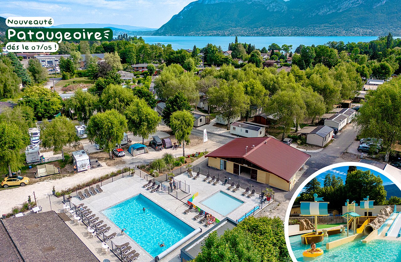 Piscina exterior y nueva piscina infantil con toboganes en camping CLICOCHIC Aloua, Sevrier (74).