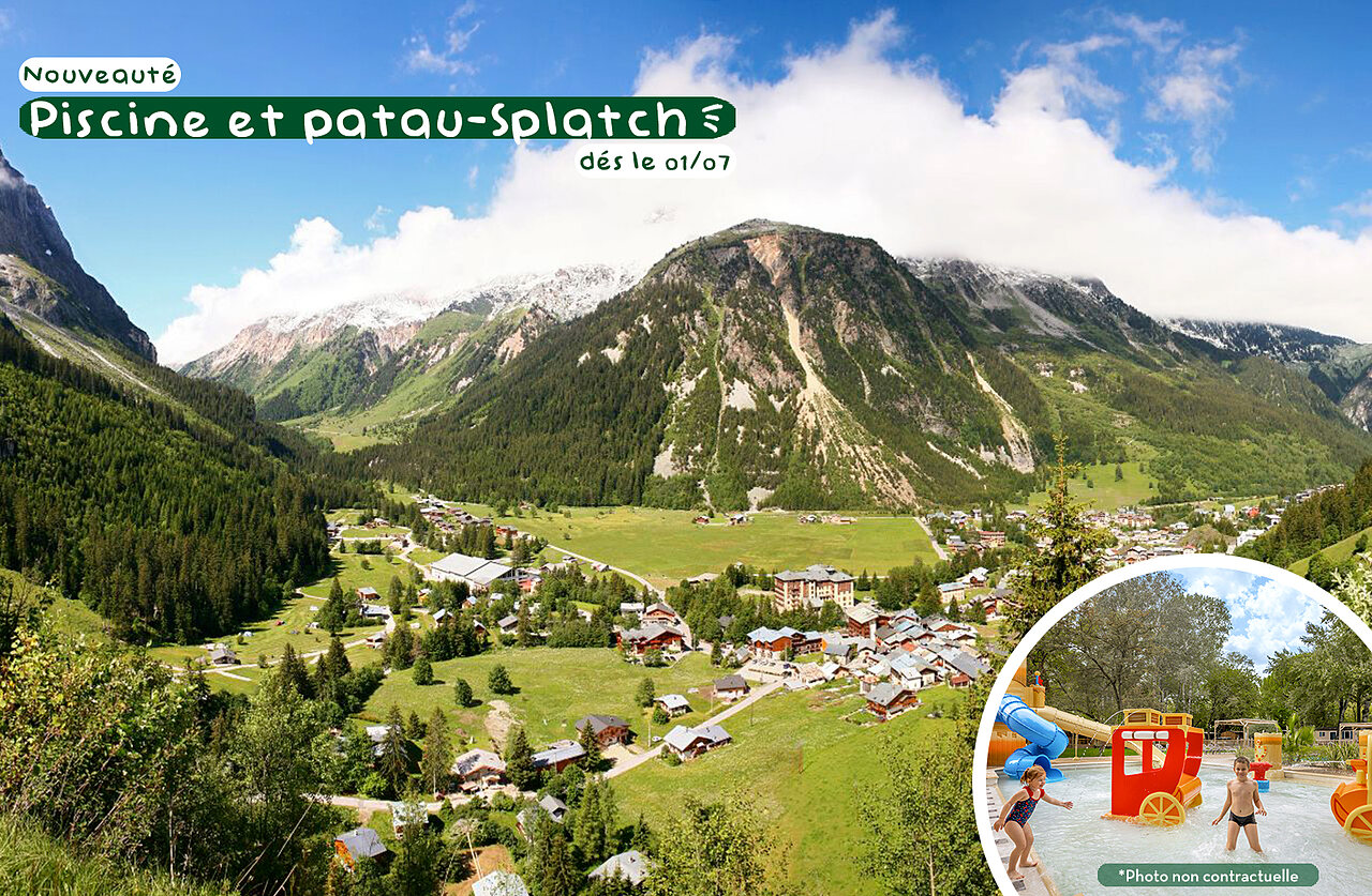 Piscina infantil y patau-splatch divertido en el camping CLICOCHIC Alpes Lodges en Pralognan la Vanoise.