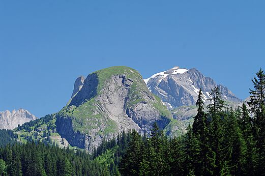 Majestuosas monta�as, picos nevados y denso bosque en el camping CLICOCHIC Alpes Lodges en Pralognan la Vanoise (73).