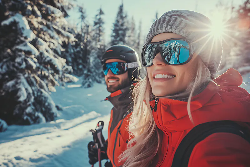 Pareja sonriente con equipo de esqu� en la nieve en el camping CLICOCHIC Alpes Lodges.