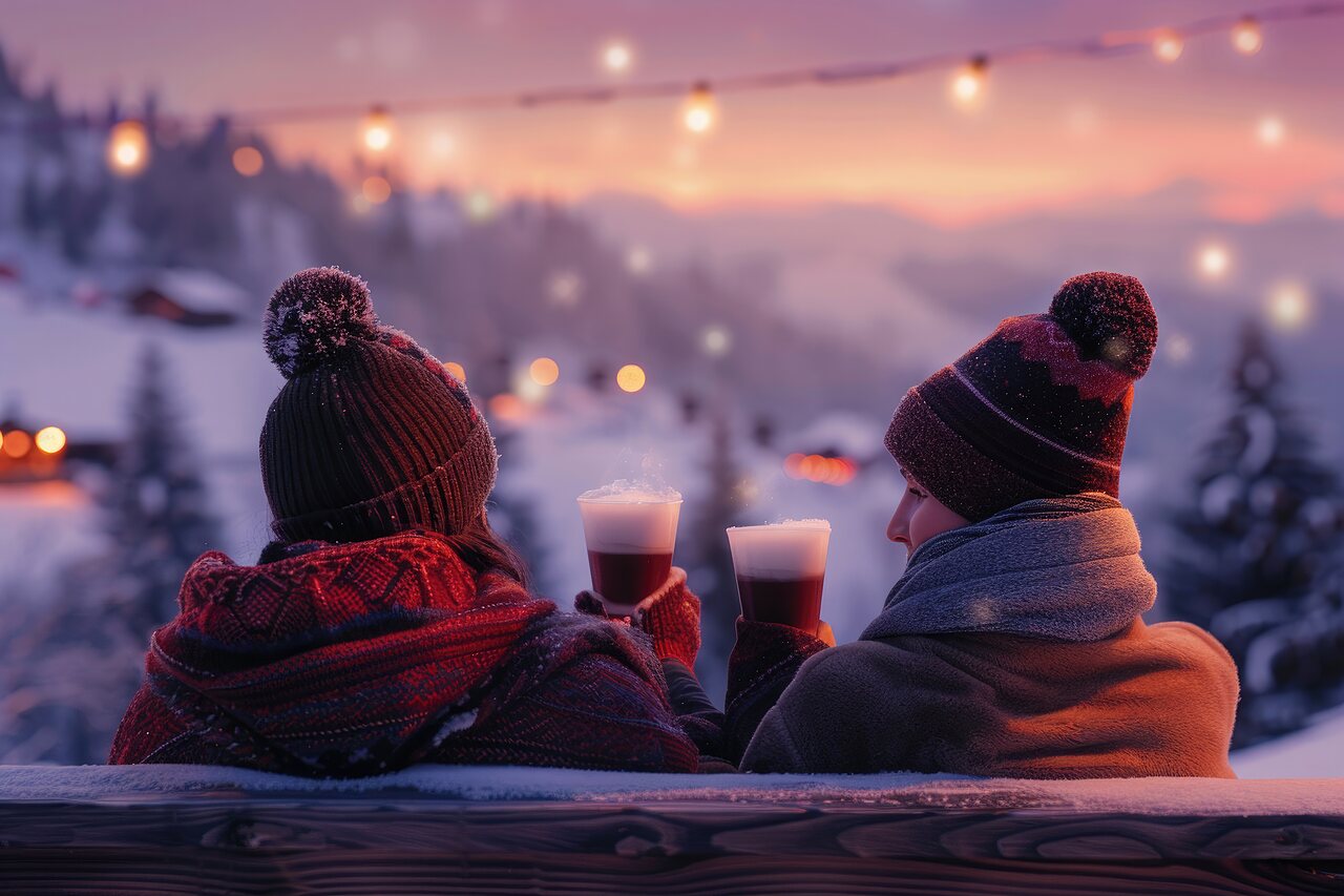 Bebidas calientes, paisaje nevado en el camping CLICOCHIC Alpes Lodges en Pralognan la Vanoise (73).