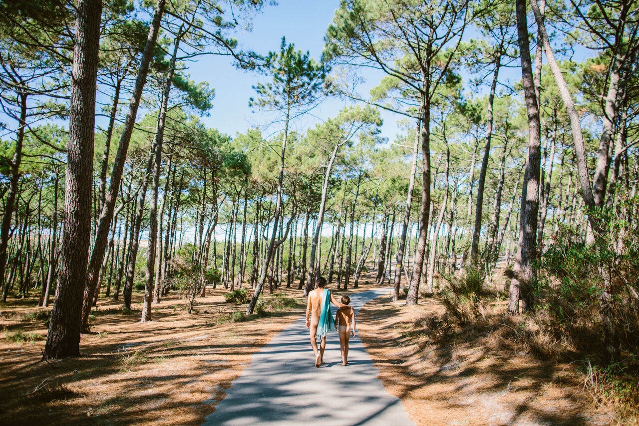 Naturistas caminando sendero forestal en camping LIBRANOO Naturiste Arnaoutchot, Landas, Francia.