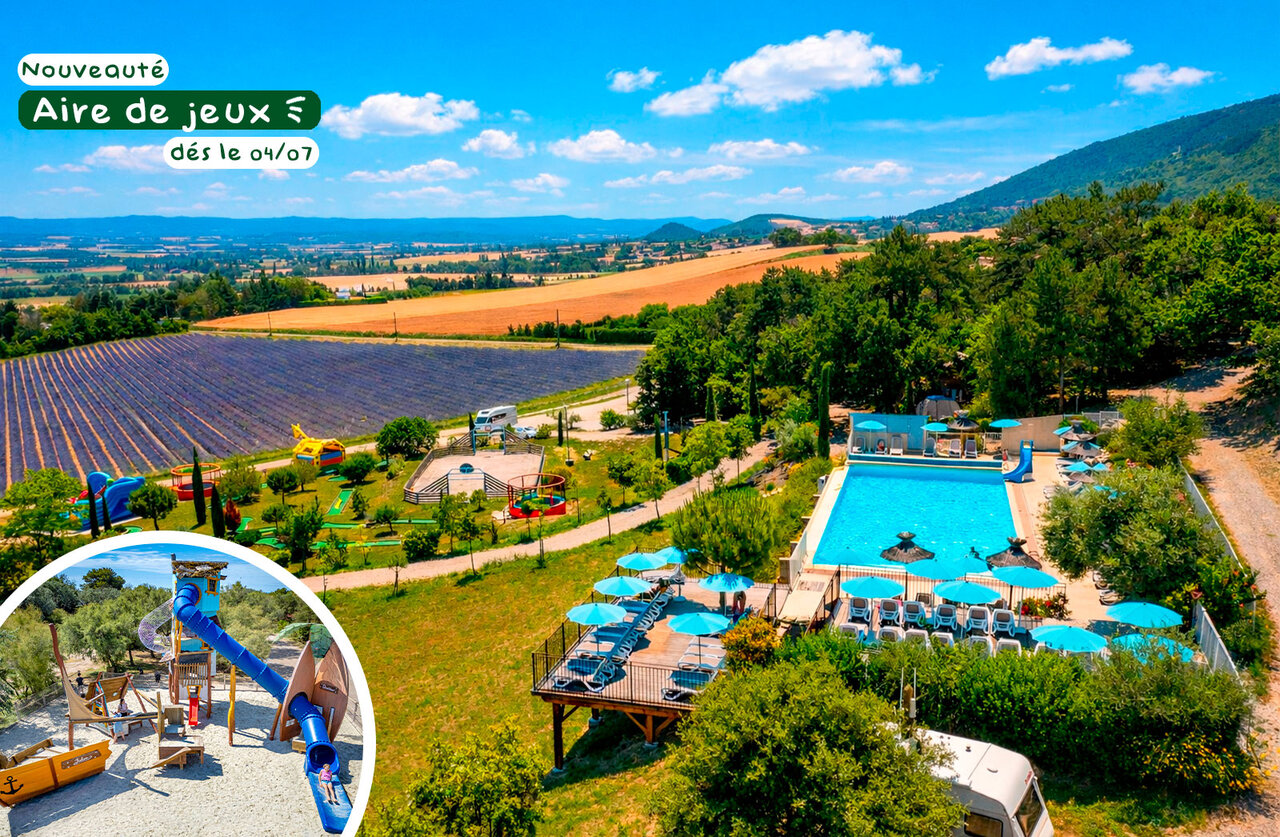 Zona de juegos, piscina, vista panor�mica camping CLICOCHIC Bastets en Marsanne (26).