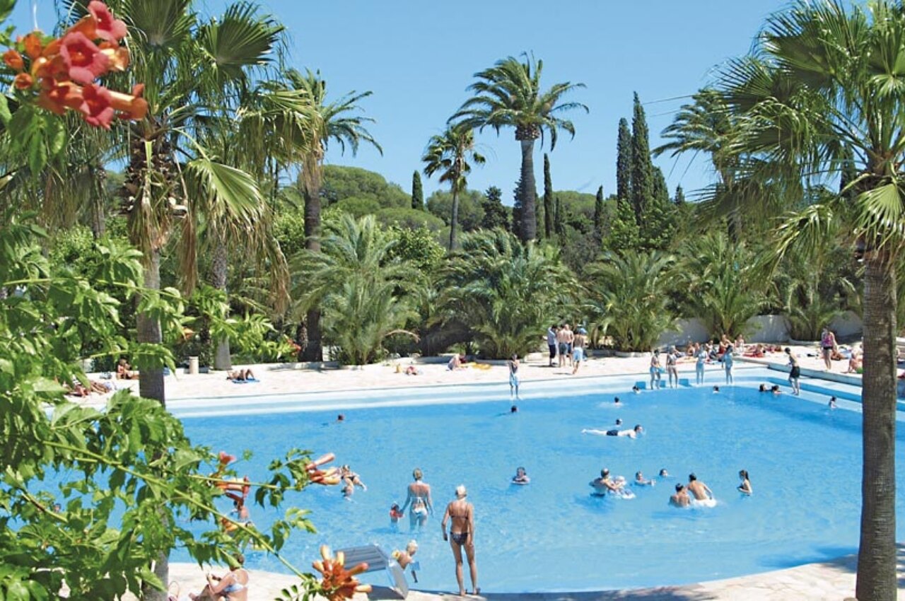 Piscina exterior tipo laguna con palmeras y ba�istas en el camping CAPFUN La Baume - La Palmeraie en Fr�jus (83).