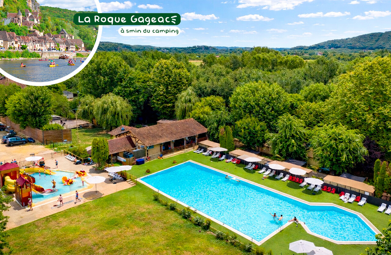 Piscina exterior, zona de juegos acu�ticos en el camping CLICOCHIC Beau Rivage en LA ROQUE-GAGEAC (24).