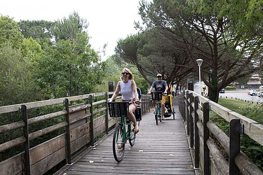 Familia en bicicleta por sendero de madera en el camping CLICOCHIC Bimbo en BISCARROSSE (40).
