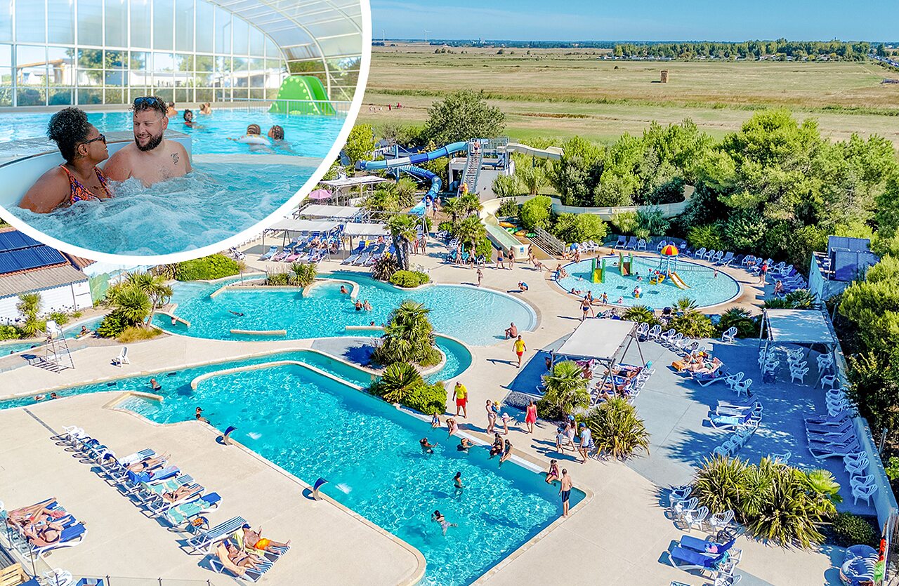 Piscinas exteriores, toboganes, jacuzzi interior en el camping VAGUES OCEANES Blancs Ch�nes.