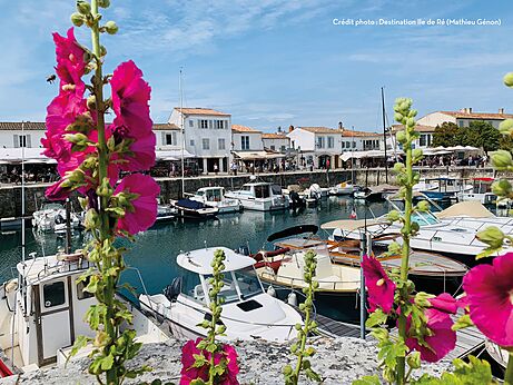 Pintoresco puerto de Saint-Martin-de-R� con barcos y casas blancas, Isla de R�.