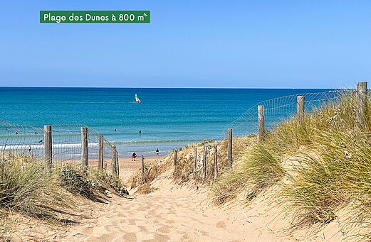 Playa de las Dunas, camino arenoso hacia el mar, camping CLICOCHIC Brandais.