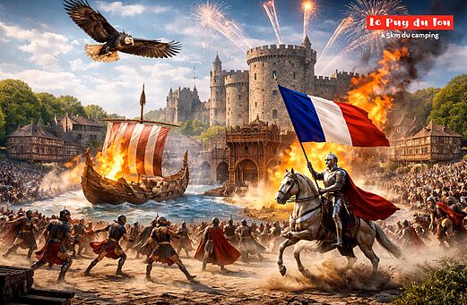 Espectáculo histórico de Puy du Fou con caballero, barco vikingo y castillo.