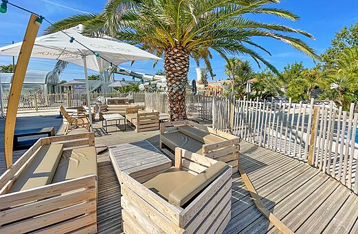 Terraza bar exterior, mobiliario madera, palmera en camping CLICOCHIC Cabanes d Oléron.