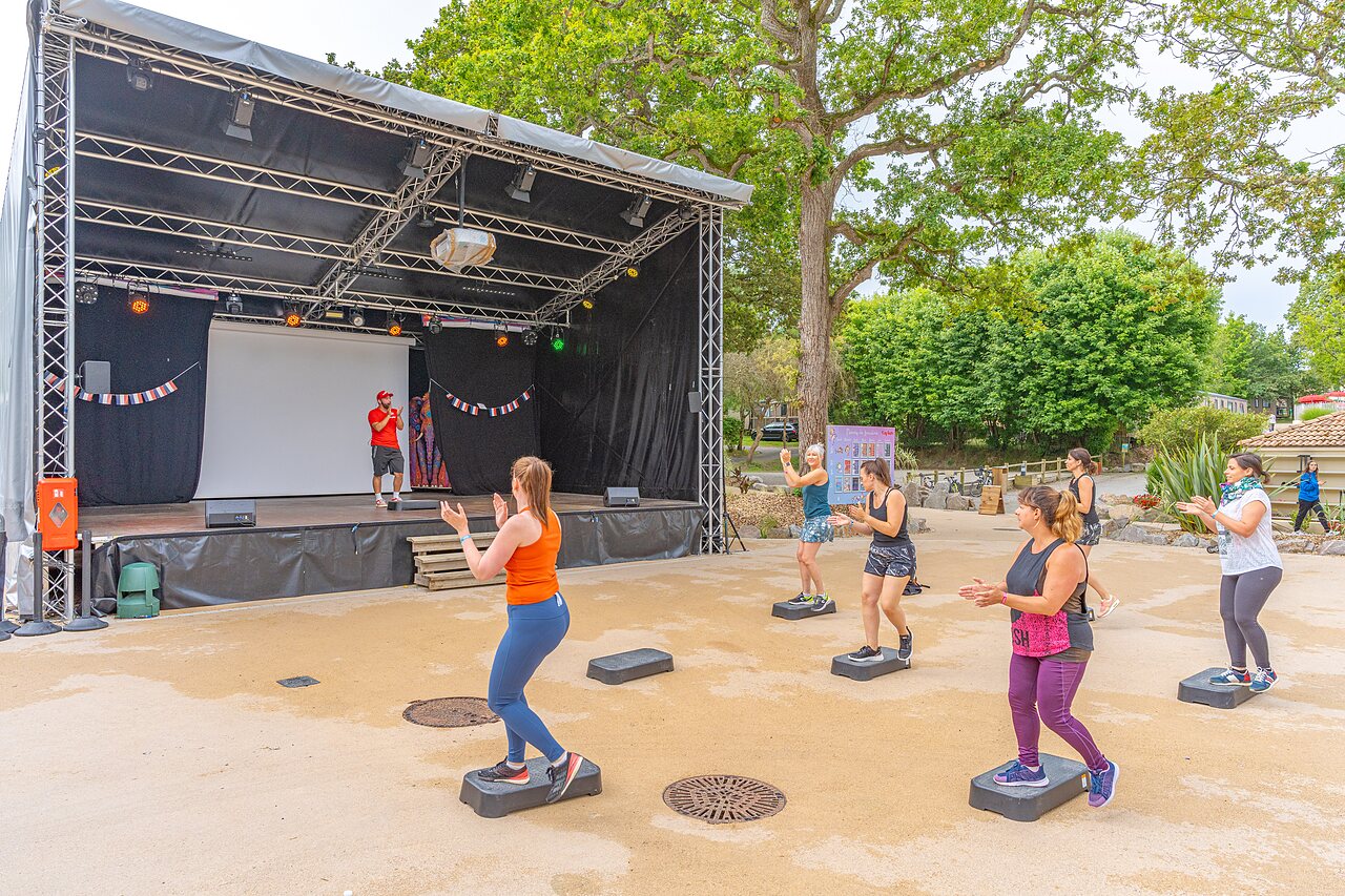 Animaci�n deportiva, clase de step en el camping CAPFUN La Ch�naie en PORNIC (44).