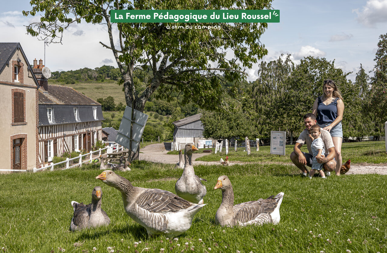Familia explorando la Granja Pedag�gica de Lieu Roussel, una atracci�n cerca del camping.