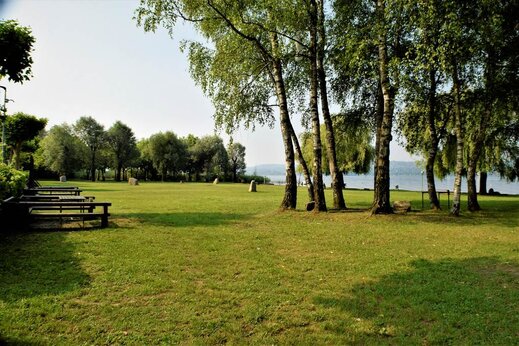 Gran espacio verde arbolado con mesas de picnic junto al lago en el camping CAPFUN Citta di Angera en Angera VA (21).