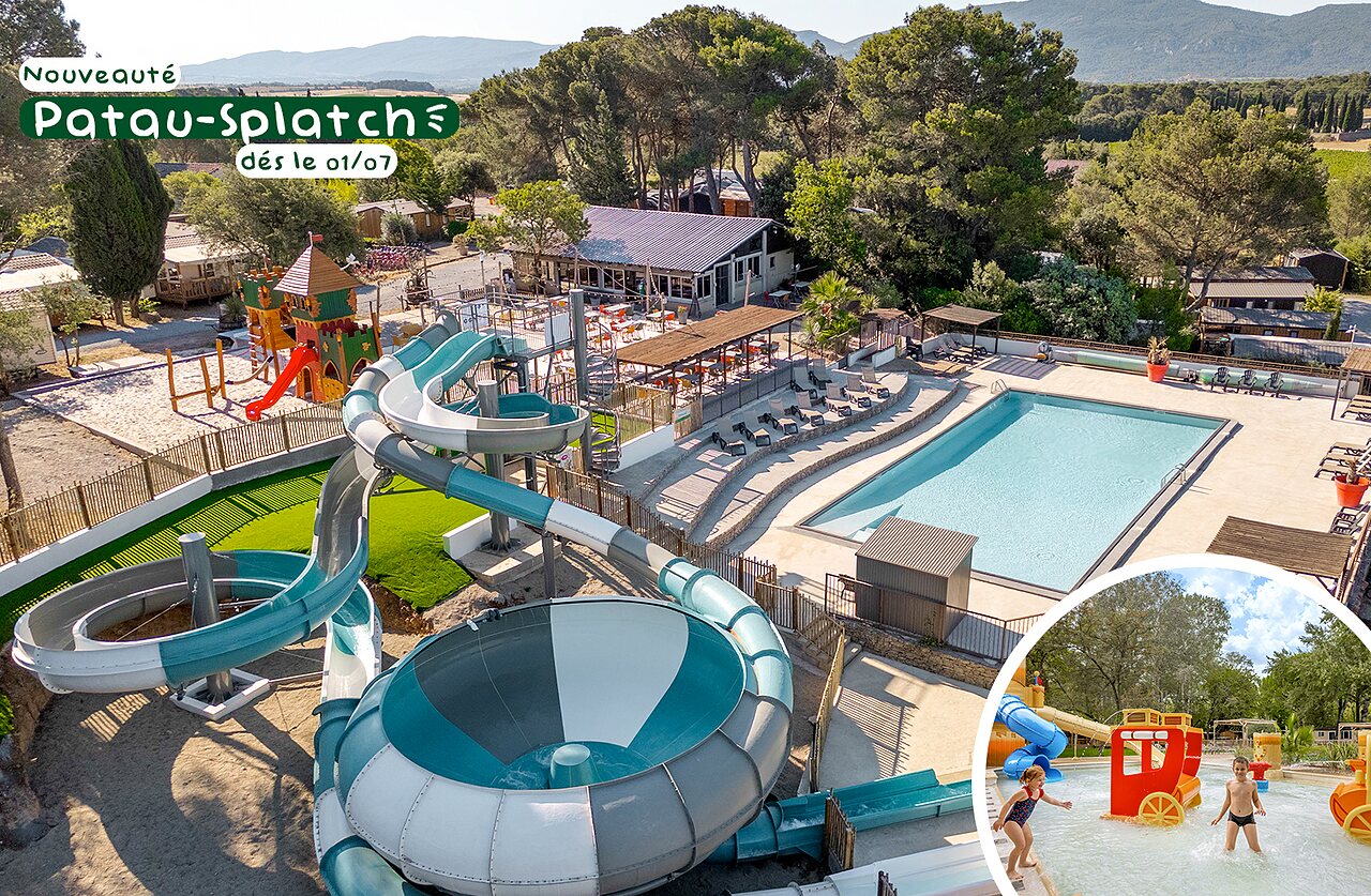 Nuevo Patau-Splatch, toboganes acu�ticos y piscina en camping CLICOCHIC Commanderie en Rustiques.