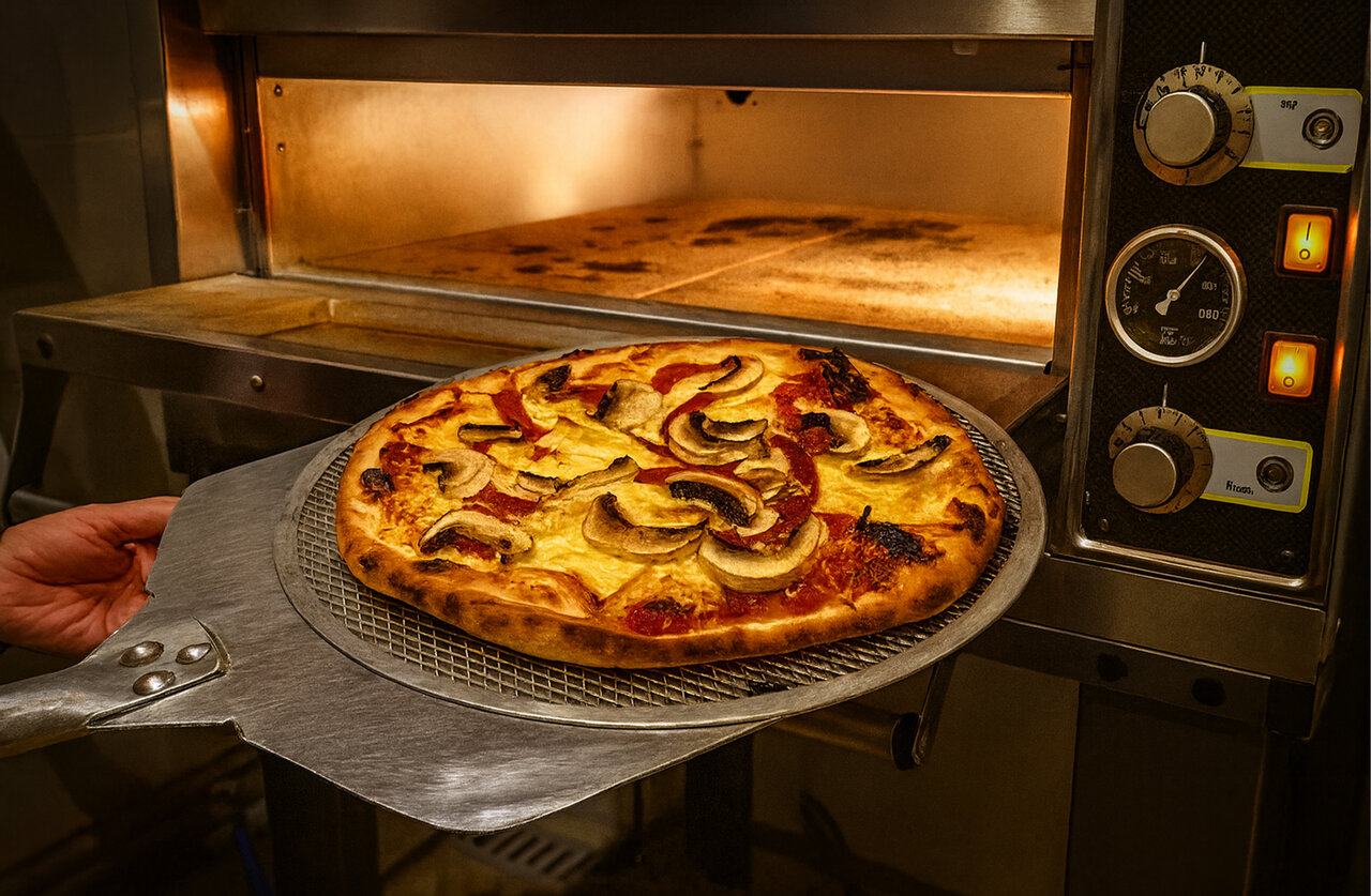 Pizza de champi�ones y queso saliendo del horno en el camping CLICOCHIC Couteli�re en Lagnes (84).