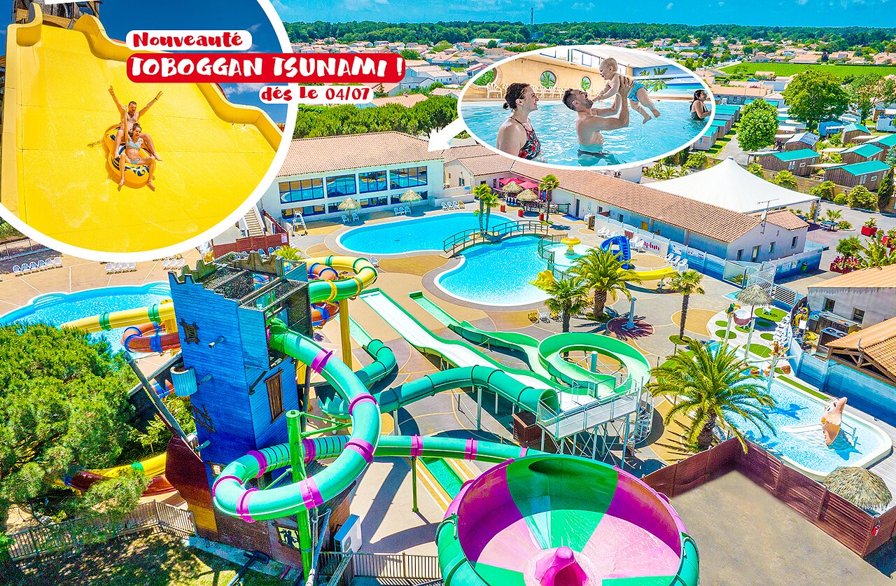 Parque acu�tico con toboganes gigantes y piscinas en el camping CAPFUN Curty's en Jard sur Mer (85).