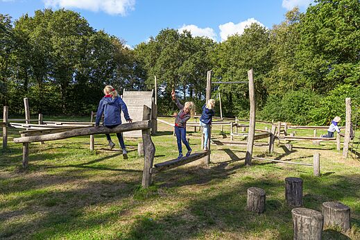 Ni�os jugando en parque de aventuras de madera en camping CAPFUN De Eikenhof Paasloo/Oldemarkt.