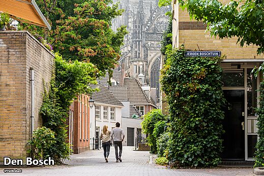 Calle adoquinada y edificios históricos con catedral en Den Bosch, Brabante.