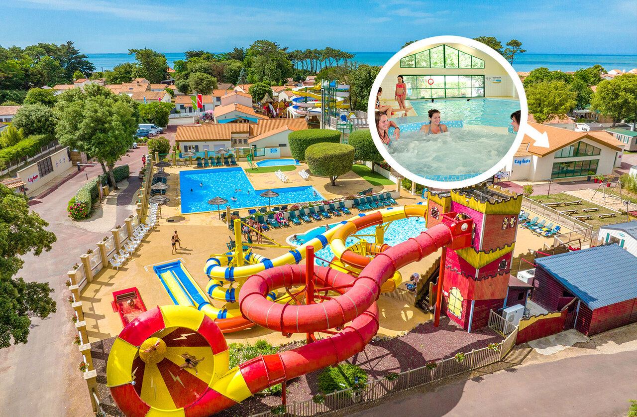 Toboganes acu�ticos gigantes, piscinas exteriores e interiores en camping CAPFUN Ecureuils en JARD SUR MER (85).