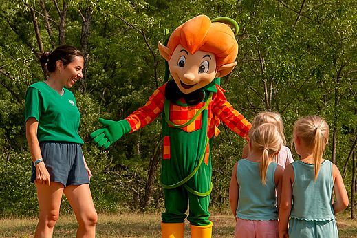 Mascota del camping animando a los niños en el camping CLICOCHIC Eyrieux.