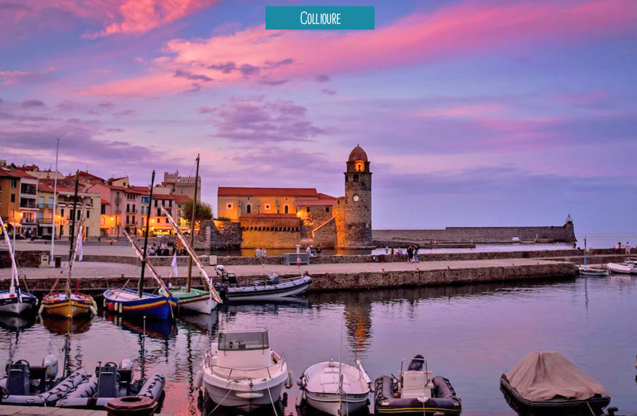 Puerto de Collioure al atardecer, un lugar para visitar cerca de Argel�s-sur-Mer.