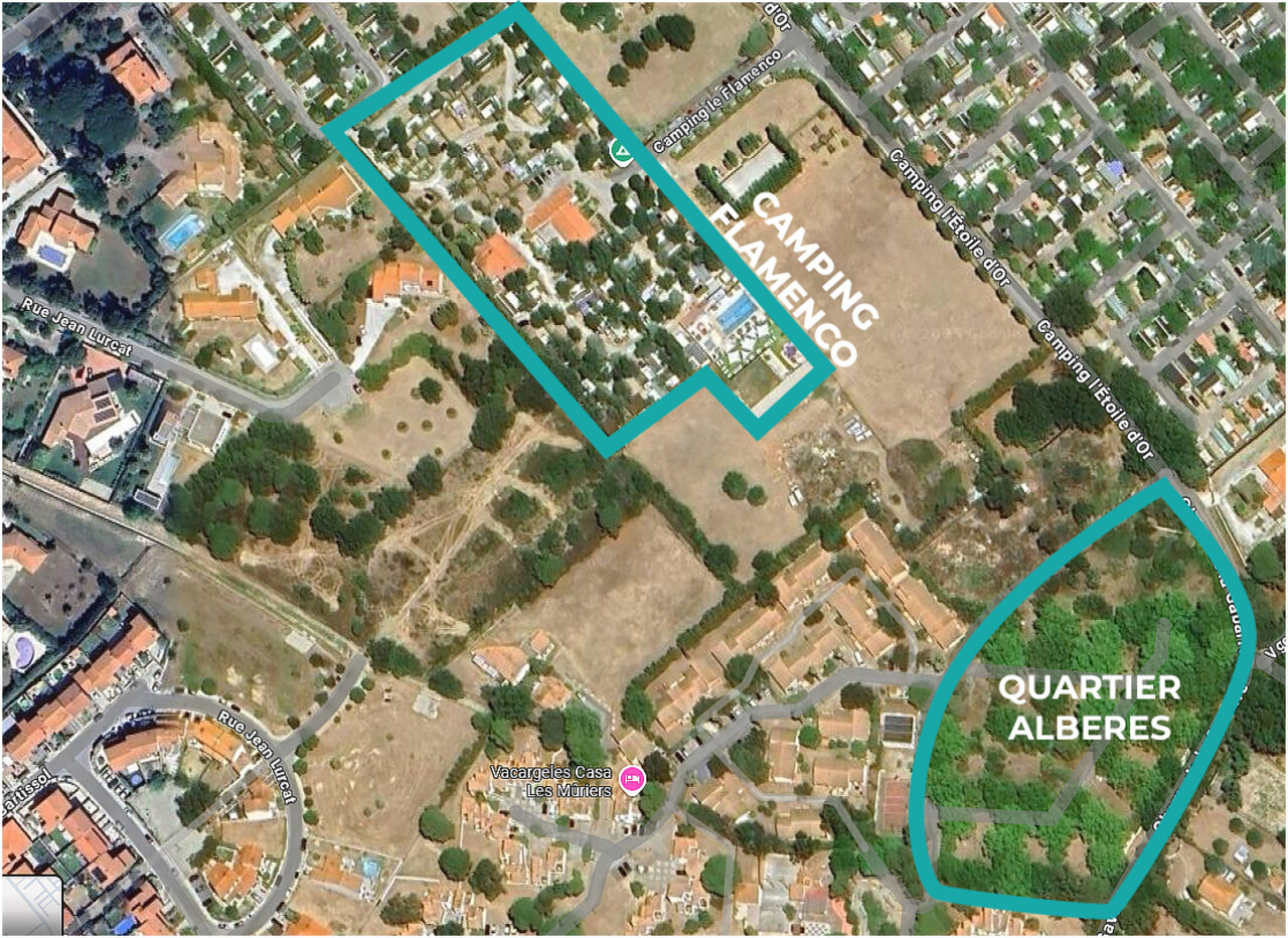 Mapa a�reo detallado del camping Flamenco, distribuci�n de parcelas e infraestructuras en el camping VAGUES OCEANES Au Flamenco en Argel�s-sur-Mer (66).