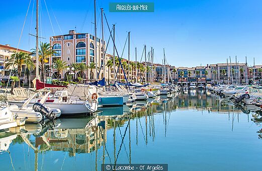 Puerto deportivo animado con barcos y edificios en Argelès-sur-Mer, Pirineos Orientales.
