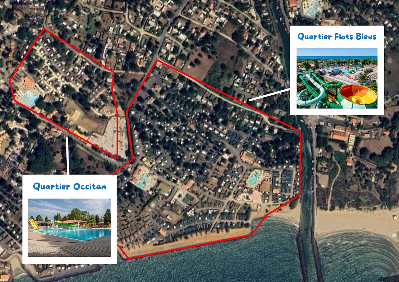 Vista a�rea del camping con piscinas y toboganes acu�ticos, CAPFUN Flots Bleus en VIAS PLAGE (34).