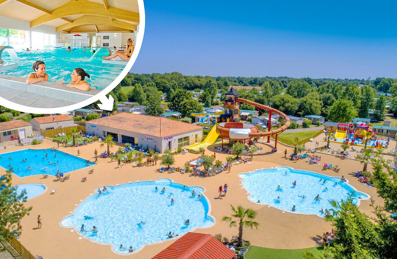 Piscinas exteriores, tobog�n gigante y piscina cubierta en el camping CAPFUN Forges en Avrille (85).