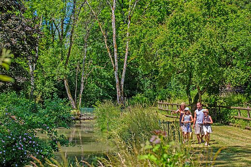 Familia paseando por un río, naturaleza exuberante en camping CLICOCHIC Forge Sainte Marie.