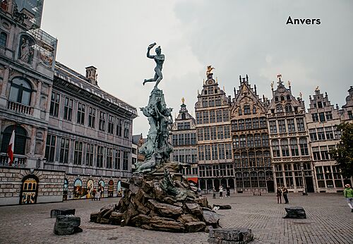 Grote Markt de Amberes con la fuente Brabo, lugar para visitar cerca del camping.