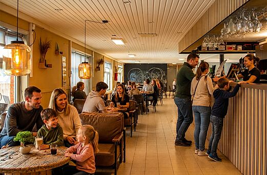 Familias disfrutando del restaurante y bar en el camping CAPFUN Fort Bedmar en Sint-Gillis-Waas.