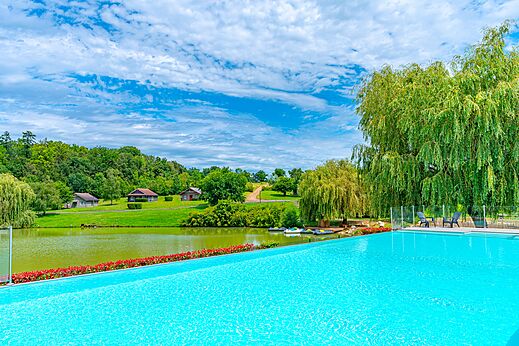 Piscina exterior infinita con vistas al lago y naturaleza en CAPFUN Grand Cerf en Gimouille (58).