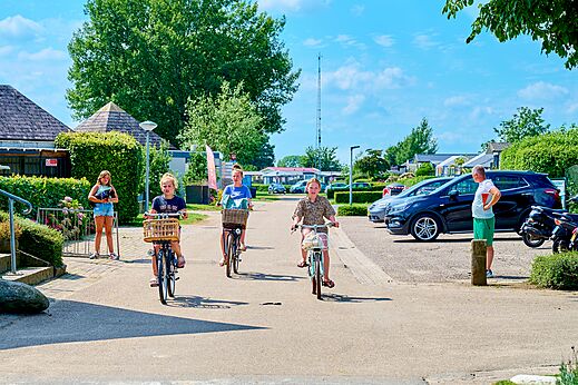 Niños en bicicleta por un camino soleado en el camping CAPFUN Groene Eiland en Appeltern.