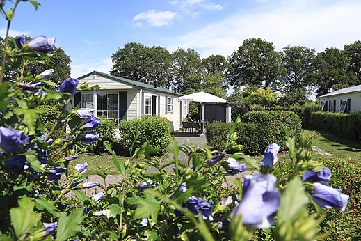 Casa móvil con terraza y vegetación en el camping CAPFUN Heino en Heino.