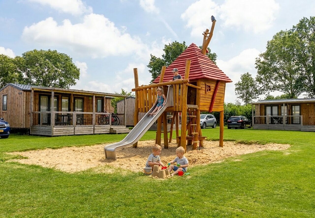 Zona de juegos de madera con tobog�n y ni�os, casas m�viles en el camping CAPFUN IJsselstrand en Doesburg.