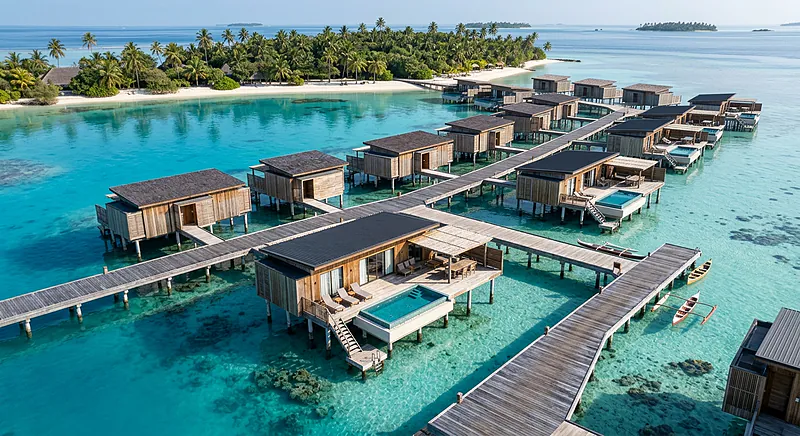 Mobil-homes sobre pilotes con piscinas privadas, playa tropical en camping CAPFUN Joe Cook Island.