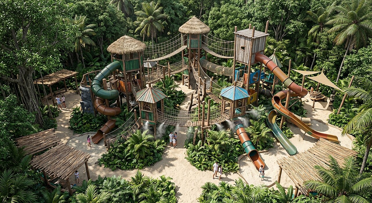Gran �rea de juegos tropical con toboganes y puentes colgantes en el camping CAPFUN Joe Cook Island.