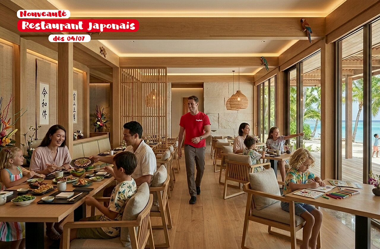 Moderno restaurante japon�s, familias cenando, vista al mar en el camping CAPFUN Joe Cook Island.