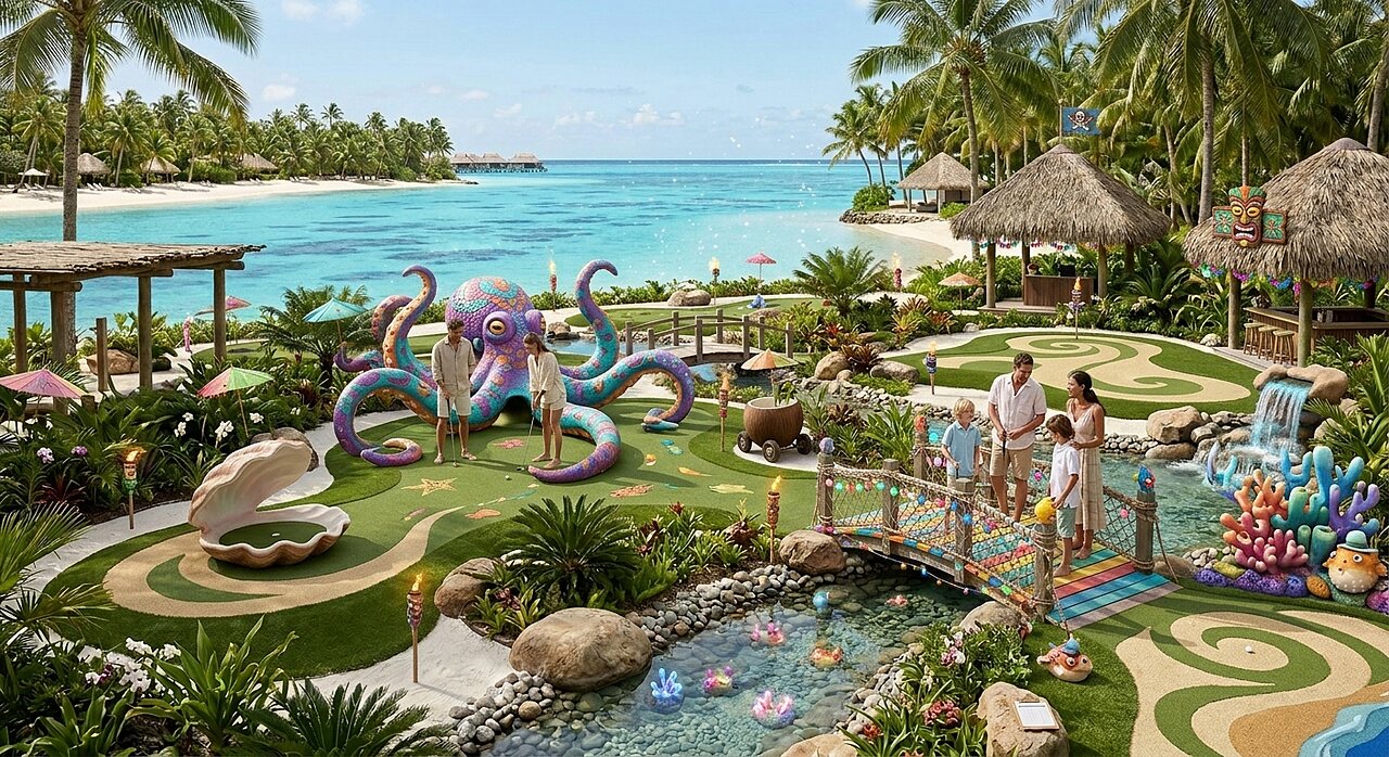 Minigolf tem�tico con pulpo gigante y playa paradis�aca en el camping CAPFUN Joe Cook Island.