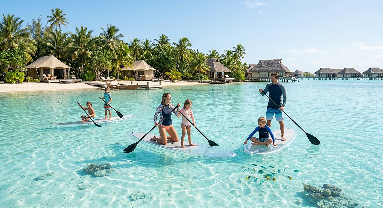 Familia en paddleboard sobre agua turquesa, playa tropical, en el camping CAPFUN Joe Cook Island.
