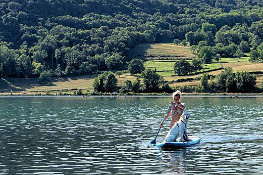 Stand-up paddle con perro en el lago en el camping CLICOCHIC Lac du Lit du Roi en Massignieu-de-Rives (01).