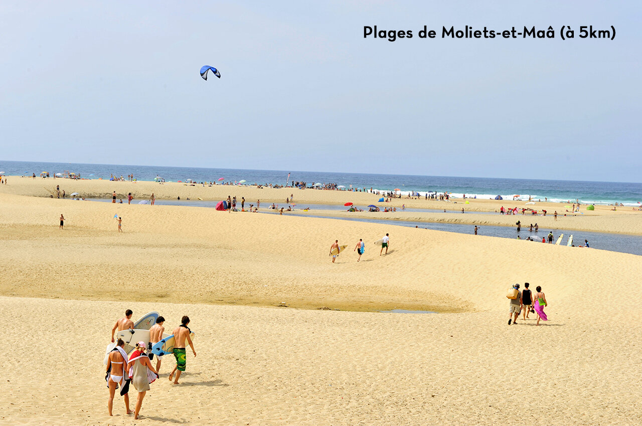 Playas de Moliets-et-Ma�, Landas, con surfistas y ba�istas, ideal para visitar.