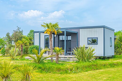 Casa móvil moderna con terraza, palmeras en el camping VAGUES OCEANES Les Iles en Hudimesnil.