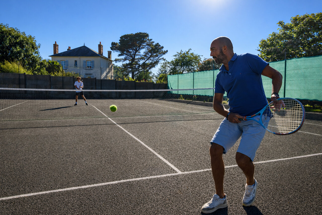 Jugadores de tenis en la cancha exterior en el camping CLICOCHIC en Lannion.