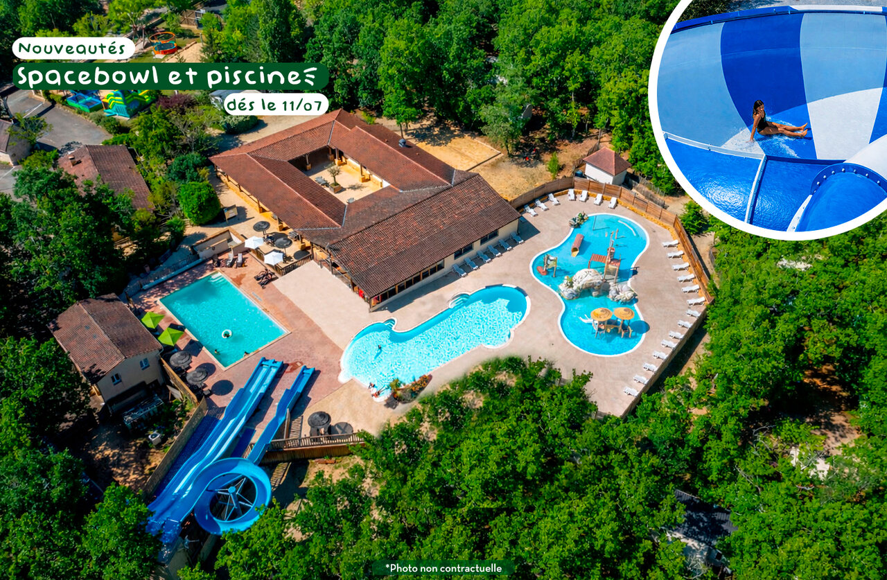 Complejo acu�tico con spacebowl, toboganes y piscinas en el camping CLICOCHIC Lou Castel en Castelnaud-la-Chapelle (24).