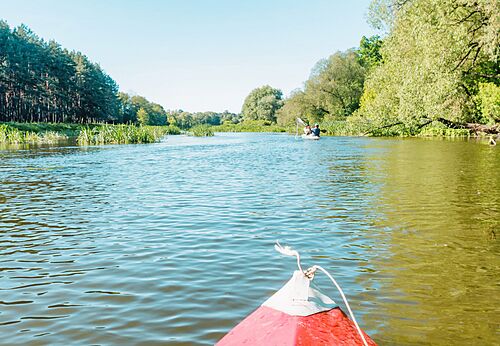 Kayak en un r�o verde con otras canoas en el camping CLICOCHIC Lou Castel en Castelnaud-la-Chapelle (24).