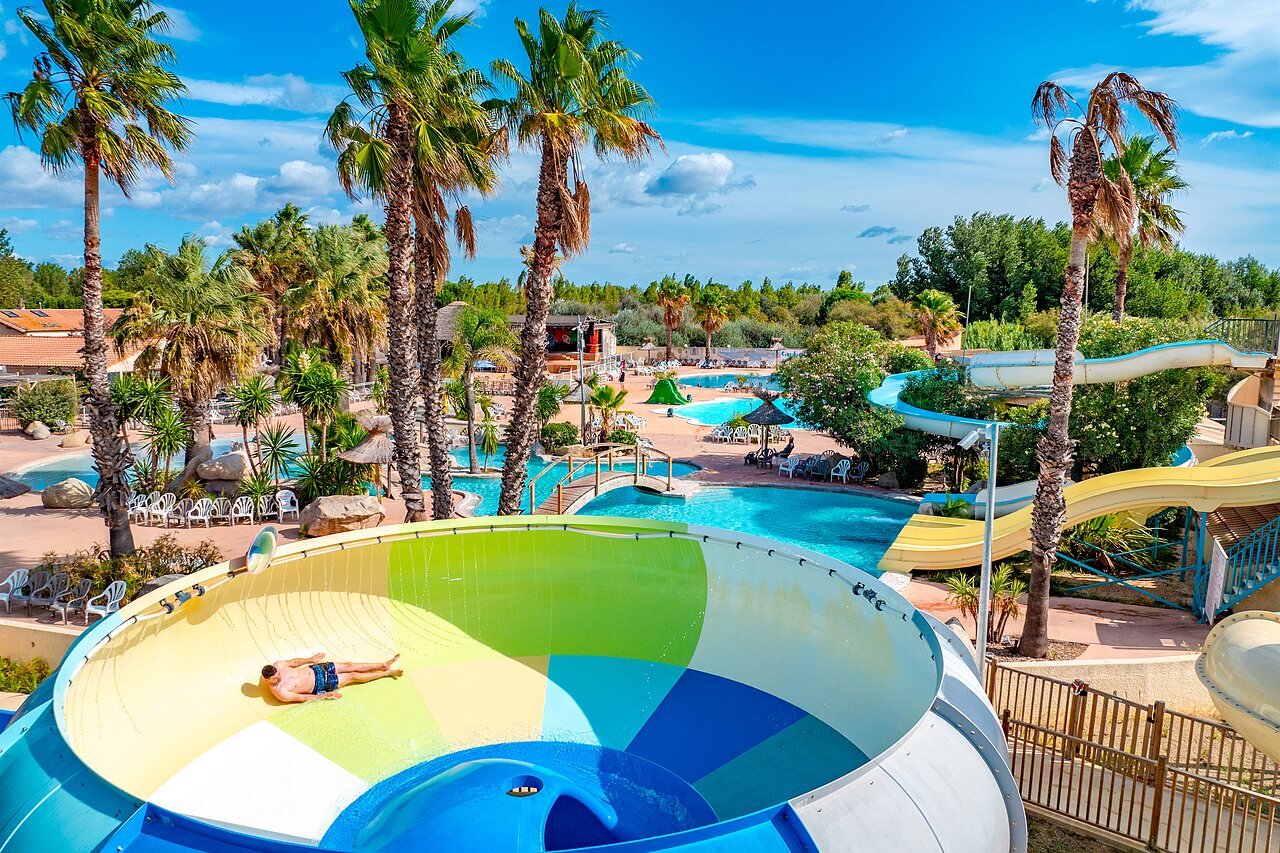 Piscinas exteriores, toboganes acu�ticos y palmeras en el camping CAPFUN Lou Village en Vendres (34).