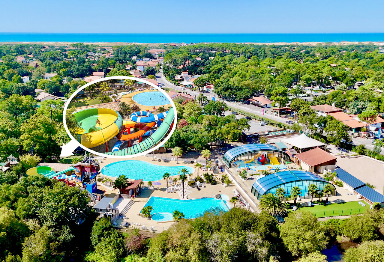 Toboganes acu�ticos y piscinas exteriores con c�pula en el camping CAPFUN Mer en Labenne-Oc�an (40).